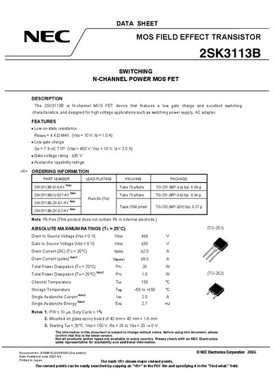 NEC 2SK3113B N-Channel MOS FET Datasheet - cover page
