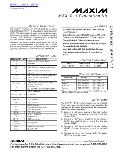 MAXIM MAX1011 Evaluation Kit User Guide - cover page