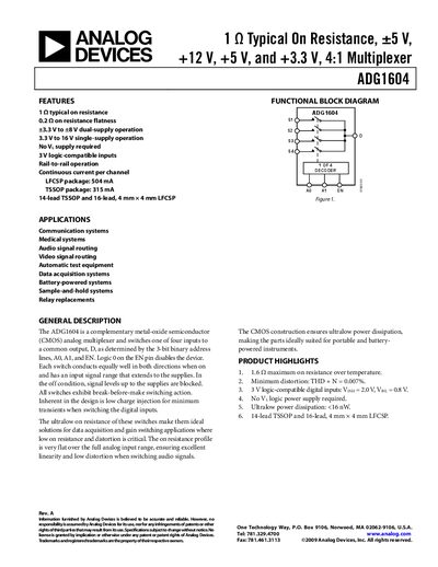 Analog Devices ADG1604 4:1 Multiplexer Datasheet - cover page