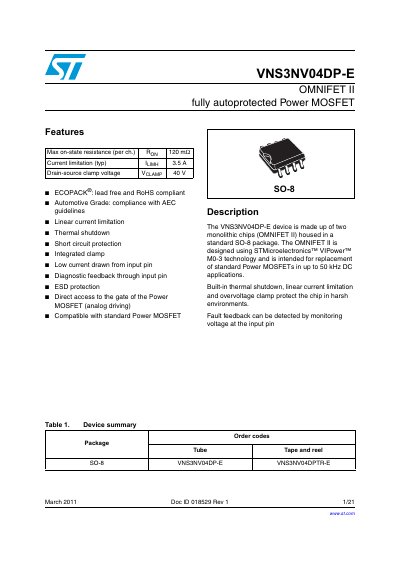 STMicroelectronics VNS3NV04DP-E OMNIFET II Datasheet