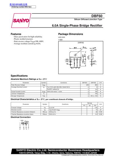 SANYO DBF60 6.0A Single-Phase Bridge Rectifier Datasheet - cover page