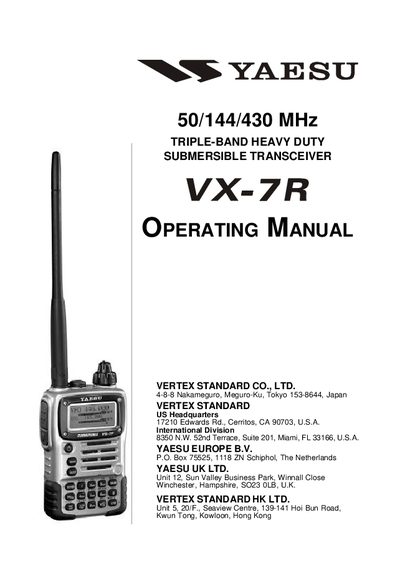 YAESU 50/144/430 MHz TRIPLE-BAND HEAVY DUTY SUBMERSIBLE TRANSCEIVER VX-7R OPERATING MANUAL  - cover page