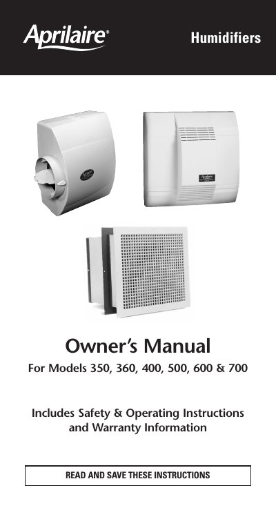 Aprilaire Models 350/360 Whole-House Humidifiers owner's Manual - cover page