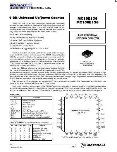 Motorola MC10E136/MC100E136 6-Bit Universal Up/Down Counter Datasheet - cover page