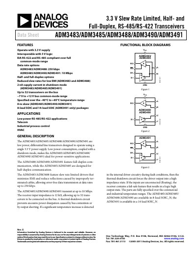 Analog Devices ADM3483/ADM3485/ADM3488/ADM3490/ADM3491 Datasheet Rev E