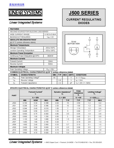 Linear Integrated Systems J500 Series Current Regulating Diode Datasheet - cover page