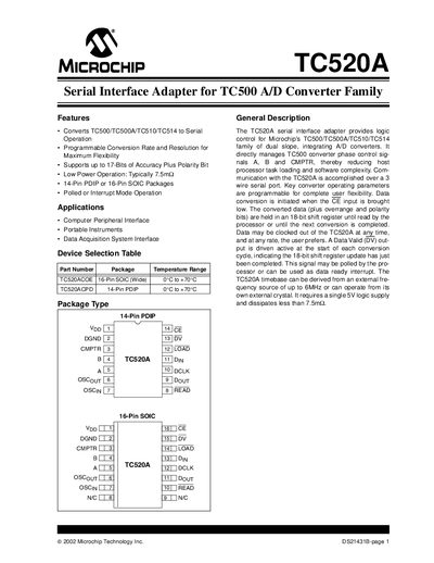 MICROCHIP TC520A Serial Interface Adapter for TC500 A/D Converter Family handbook - cover page