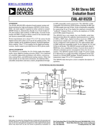 ANALOG DEVICES 24-Bit Stereo DAC Evaluation Board EVAL-AD1852EB handbook - cover page