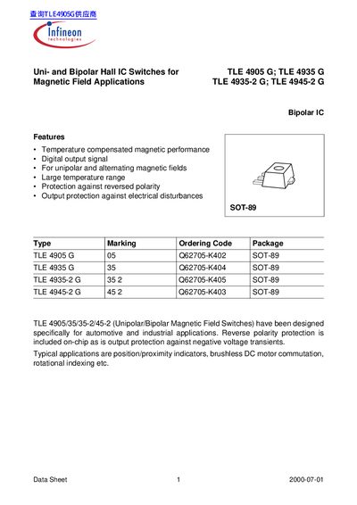 Infineon TLE 4905/4935/4935-2/4945-2 Hall IC Switches Datasheet - cover page