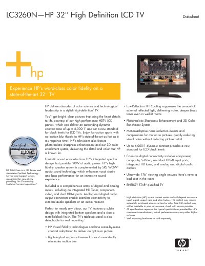 HP LC3260N LCD HDTV Datasheet - cover page