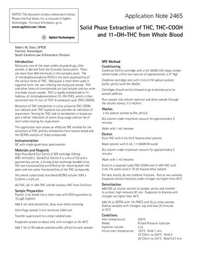 Agilent Solid Phase Extraction of THC THC-COOH 11-OH-THC from Whole Blood Manual - cover page