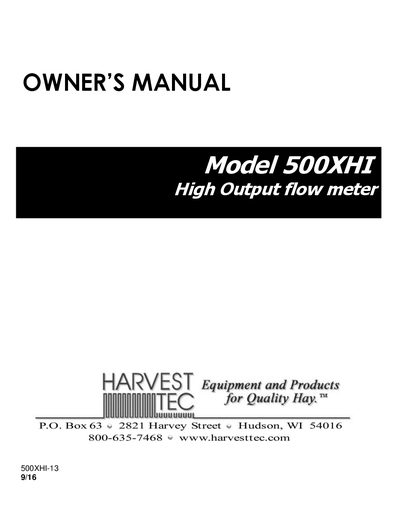 Harvest Tec 500XHI Flow Meter Owner's Manual