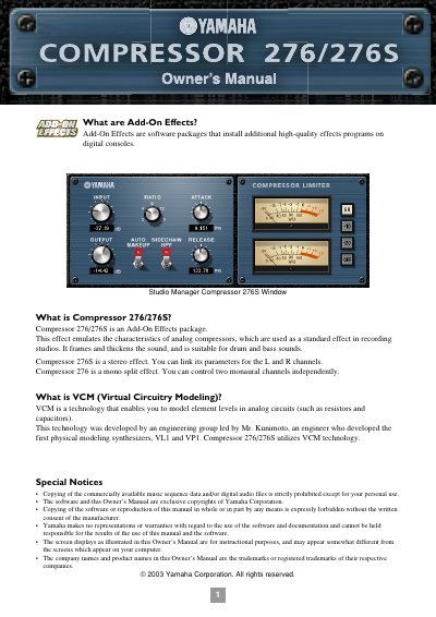 Yamaha Compressor 276/276S Owner's Manual - cover page