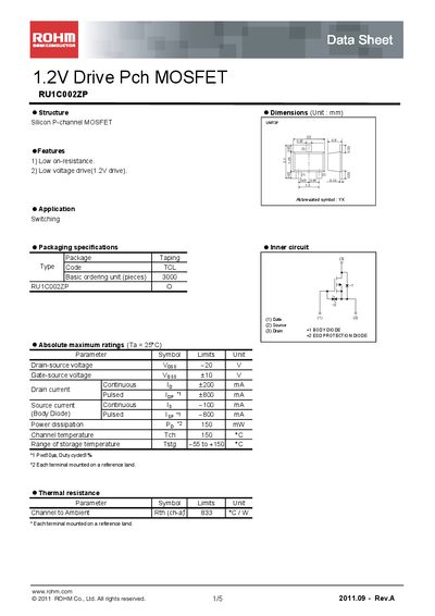 ROHM RU1C002ZP Datasheet - cover page