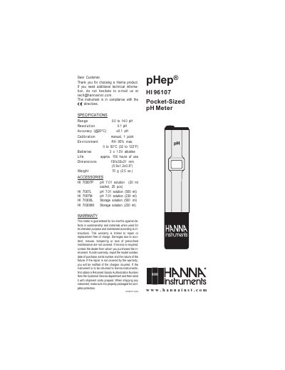 Hanna Instruments HI 96107 Pocket-Sized pH Meter Instruction Manual - cover page