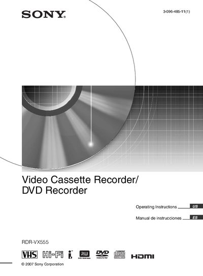Sony RDR-VX555 Video Cassette/DVD Recorder User Manual - cover page
