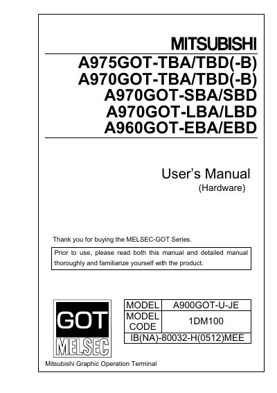 Mitsubishi A975GOT/A970GOT/A960GOT Graphic Operation Terminal User Manual - cover page