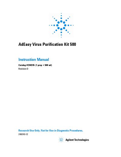Agilent AdEasy Virus Purification Kit 500 Instruction Manual - cover page