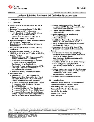Texas Instruments CC11x1-Q1 Low-Power Sub-1-GHz Fractional-N UHF Device Family Datasheet - cover page