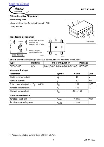 Infineon BAT 62-08S Silicon Schottky Diode Array Preliminary Data