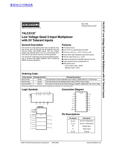 Fairchild Semiconductor 74LCX157 Low Voltage Quad 2-Input Multiplexer Datasheet - cover page