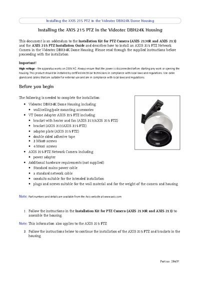 Axis 215 PTZ Installation Guide for Videotec DBH24K Dome Housing - cover page