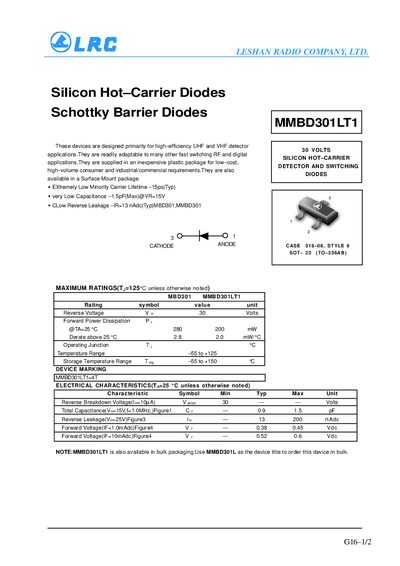 LRC MMBD301LT1 Silicon Hot-Carrier Diode Datasheet - cover page