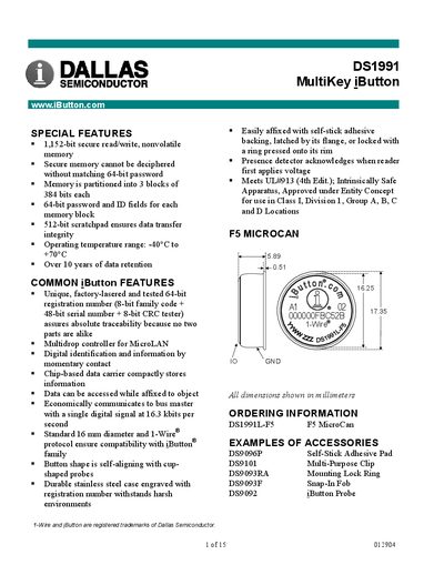 Dallas Semiconductor DS1991 MultiKey iButton Handbook - cover page