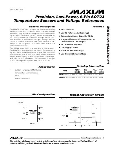 Maxim MAX6610/MAX6611 Temperature Sensor and Voltage Reference Datasheet