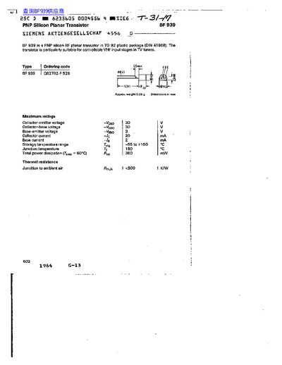 Siemens BF 939 PNP Silicon Planar Transistor Datasheet - cover page