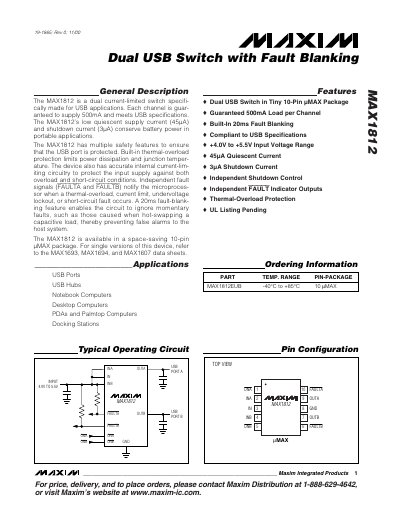 Maxim MAX1812 Dual USB Switch with Fault Blanking Datasheet - cover page