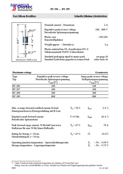 Diotec BY 296 to BY 299 Fast Silicon Rectifiers Datasheet - cover page