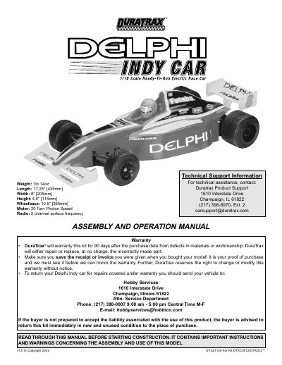 DuraTrax Delphi Indy Car Assembly and Operation Manual - cover page