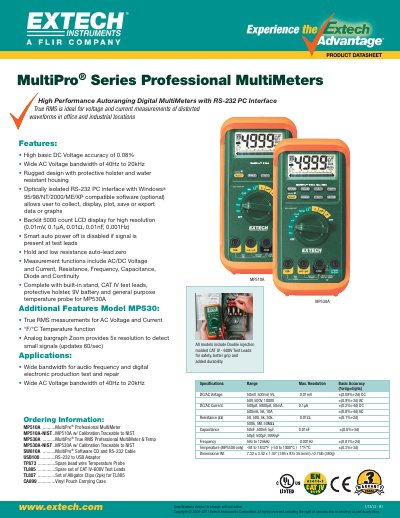 EXTECH MP510A ..........MultiPro Professional MultiMeter MP510A-NIST ..MP510A w/ Calibration Traceable to NIST MP530A ..........MultiPro True RMS Professional MultiMeter Temp MP530A- - cover page