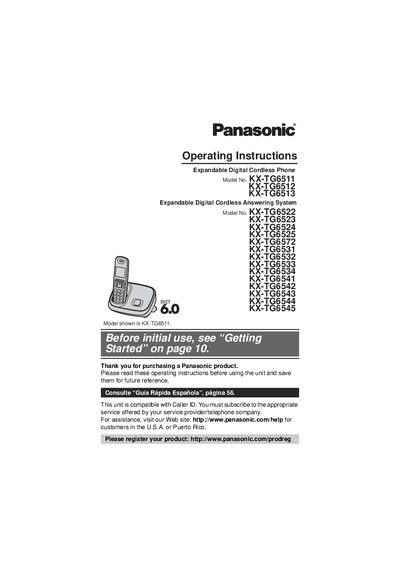 Panasonic KX-TG6511 KX-TG6512 KX-TG6513 KX-TG6524 KX-TG6525 KX-TG6572 KX-TG6531 KX-TG6532 KX-TG6533 KX-TG6534 KX-TG6541 KX-TG6542 KX-TG6543 KX-TG6544 KX-TG6545 KX-TG6522 KX-TG6523 Manual