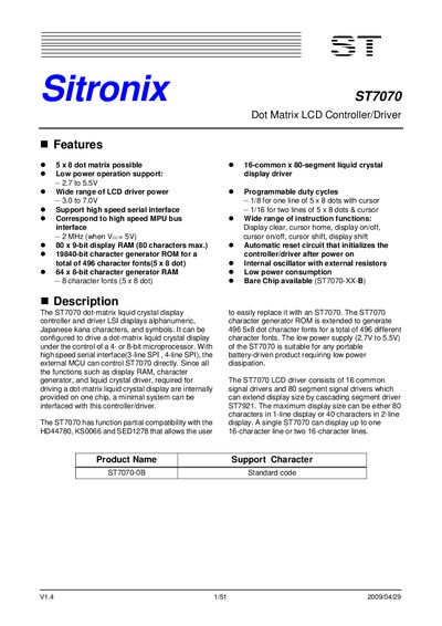 Sitronix ST7070 Dot Matrix LCD Controller/Driver Datasheet - cover page