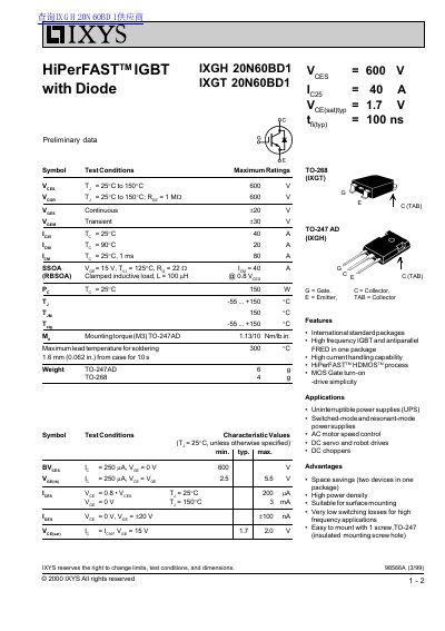 IXYS IXGH 20N60BD1 IXGT 20N60BD1 Preliminary Data