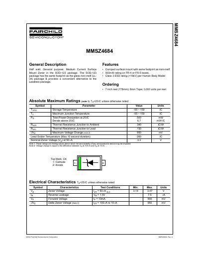 Fairchild MMSZ4684 Zener Diode Datasheet - cover page