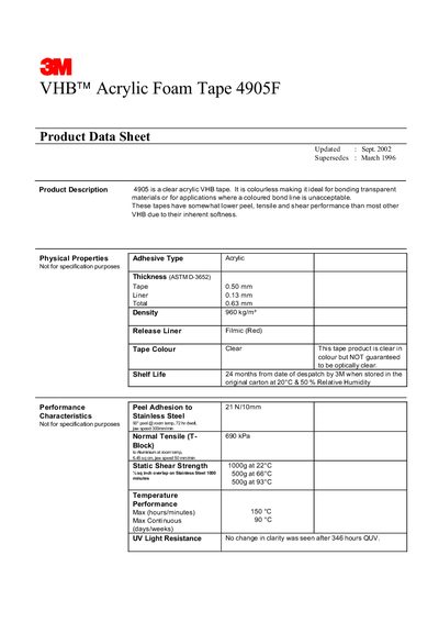 3M 4905F VHB Acrylic Foam Tape Data Sheet - cover page