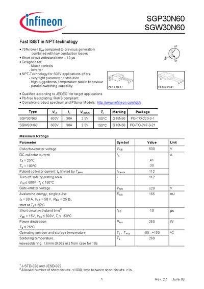 Infineon SGP30N60 SGW30N60 Datasheet - cover page