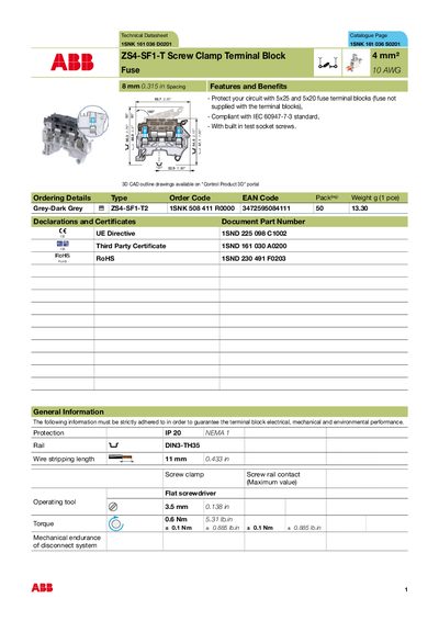 ABB ENTRELEC UK - Technical Datasheet Catalogue Page 1SNK 161 036 D0201 1SNK 161 036 S0201 ZS4-SF1-T Screw Clamp Termi - cover page