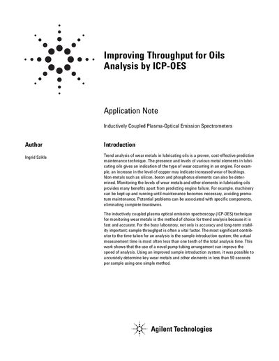 Agilent Vista-PRO ICP-OES Application Note Improving Throughput for Oils Analysis - cover page