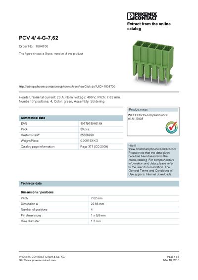 Phoenix Contact PCV 4/4-G-7,62 Handbook - cover page