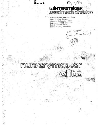 Wintersteiger NURSERYMASTER ELITE Combine Operator Manual - cover page
