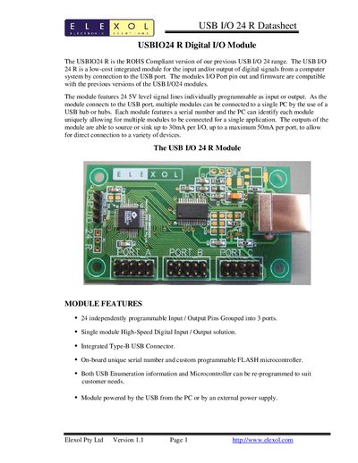 Elexol USB I/O 24 R Datasheet - cover page