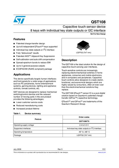 STMicroelectronics QST108 Capacitive Touch Sensor Datasheet - cover page