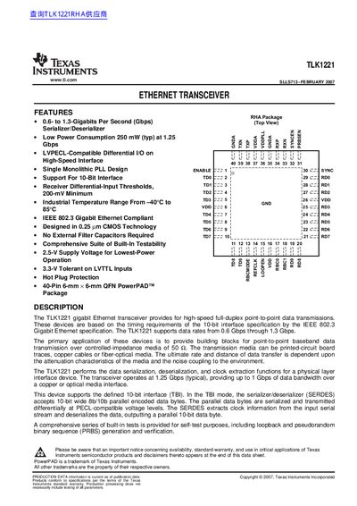 Texas Instruments TLK1221 Ethernet Transceiver Datasheet - cover page