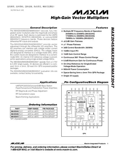 Maxim MAX2045/MAX2046/MAX2047 High-Gain Vector Multipliers Datasheet - cover page