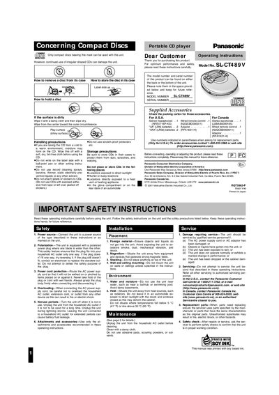 Panasonic SL-CT489V Portable CD Player Operating Instructions - cover page