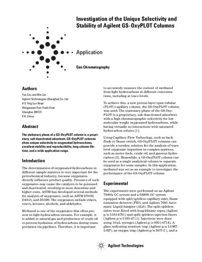 Agilent GS-OxyPLOT Column Selectivity and Stability Study - cover page